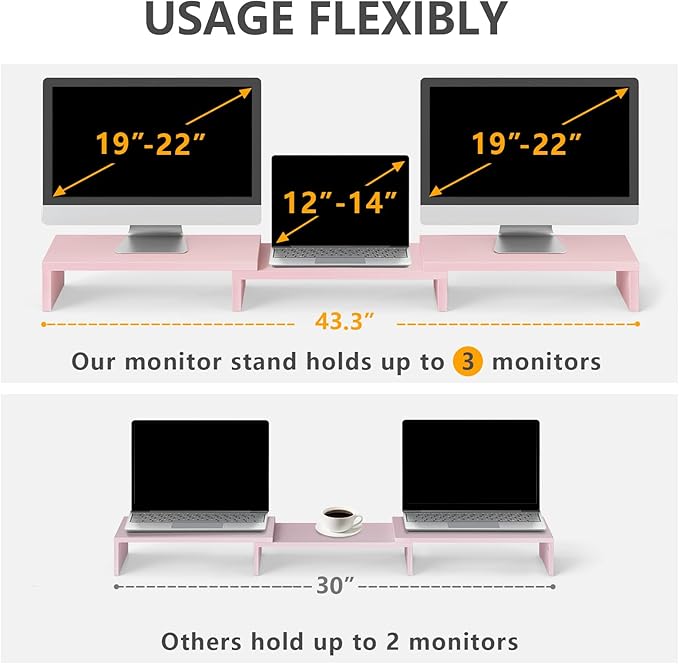 TAVR Dual Monitor Stand Riser, Wooden Computer Monitor Stand for 2 Monitors | Extra Long Multifunctional Desktop Organizer Riser for TV, PC Monitor, Laptop, Printer, Max 43.3" Length, Pink