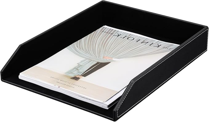 Letter Tray, PU Leather Paper Organizer Tray for Desk, Paper Organizer Storage Holder for Office Home or School A4 Size Black