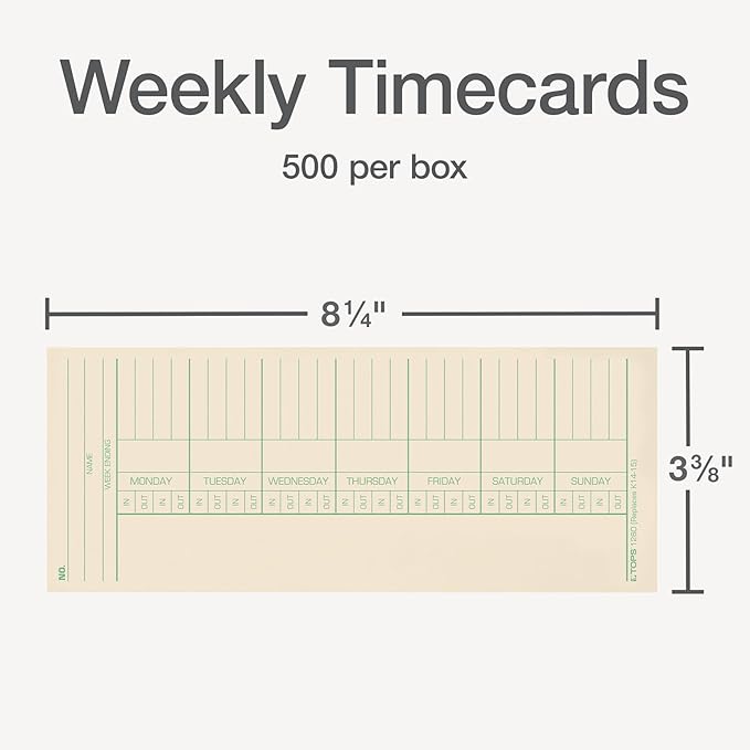 TOPS Time Cards, Weekly, 2-Sided, Named Days, 3-3/8" x 8-1/4", Manila, Green/Red Print, 500-Count (1260)