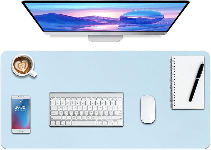 Boutilon Leather Desk Pad Protector,Non-Slip Mouse Pad,Laptop Desk Pad,Office Mouse Mat,Waterproof Leather Desk Blotter,Desk Writing Pad for Office and Home (M-Light Blue,30"x14")