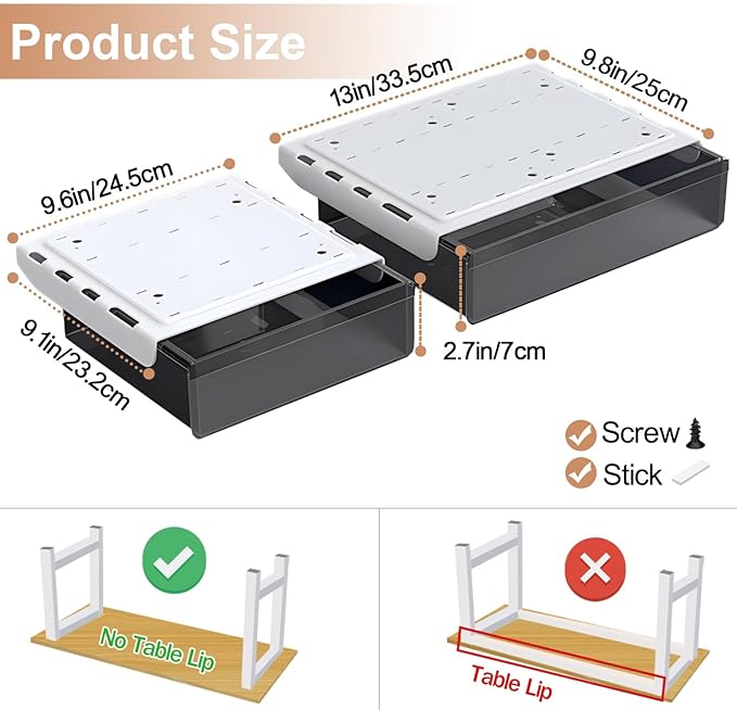 SVNNELP Under Desk Table Drawer Storage Organizer,2 Pack Large & Medium Slide Out Desk Drawers - Hidden Desktop Organizer,Attachable Pencil Storage Tray Under Table(ML)