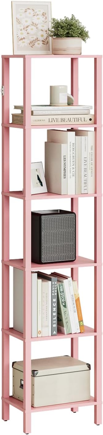Open Book Shelf, 6 Tier Tall Bookshelf, Freestanding Shelf Narrow Bookcase with Open Shelves, 14.57" x 10.63" x 65.83", Book Shelves for Living Room, Office, Study, Pink