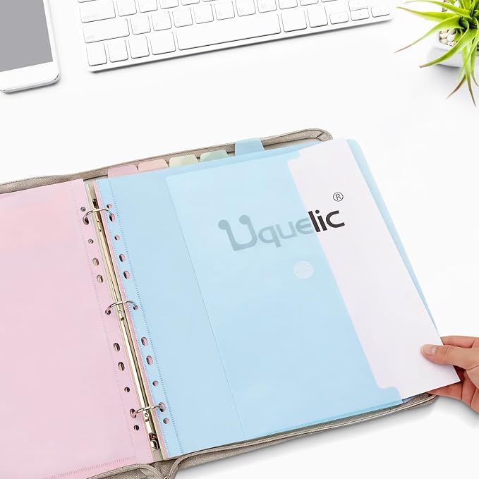 Uquelic Clear Zipper Binder with 12 Colorful Letter/A4 Pockets | 3 Ring Document Organizer with Dividers - Durable PP Cover, Large Capacity Cute Folder for School, Office & Home