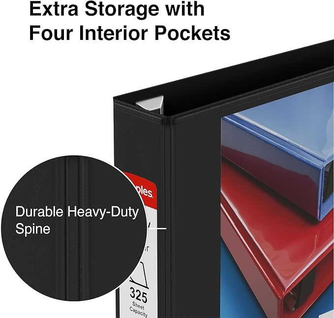 Staples Heavy‑Duty 1.5‑Inch 3‑Ring View Binder with D‑Rings, 4 Interior Pockets for Secure Document Storage, Black, 3‑Pack