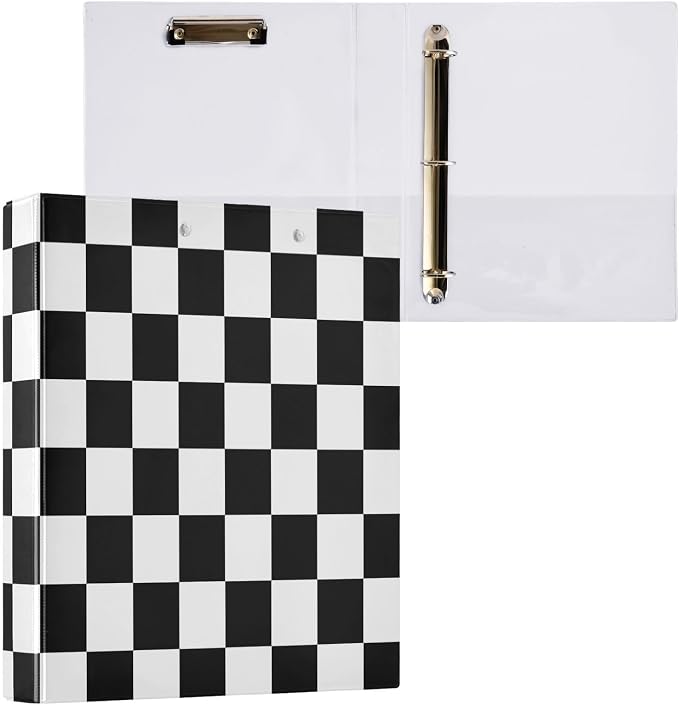 ALAZA 3 Ring Binder Black White Checkered Plaid Clipboard Round Ring Binder Holds 1.5 Inch Three Binders Heavy Duty Binders for Office Supplies, 1Pack