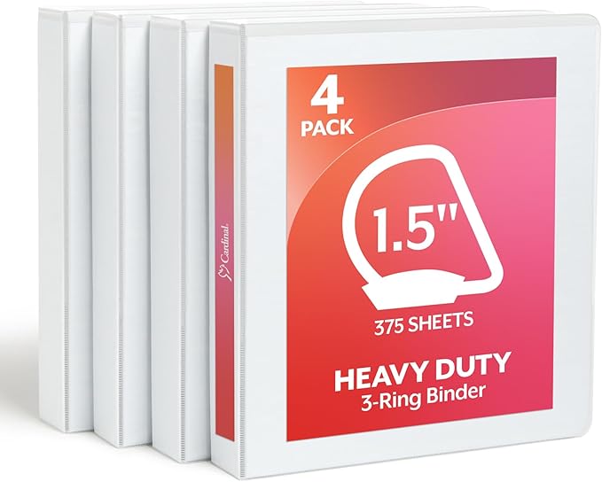 Cardinal 1.5 Inch 3 Ring Binder, D Ring, White, 4 Pack, Holds 375 Sheets (29400)