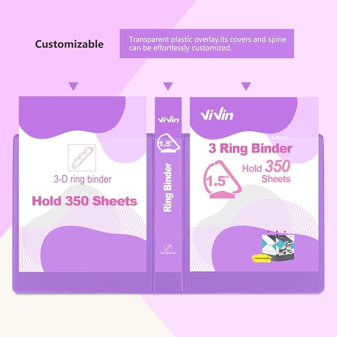 ViVin Sturdy 1.5 Inch 3 Ring Binder with 2 Pockets, 6 Pack, Purple | Slant-D Ring Binder, PVC-Free, Customizable Clear View Binder,Holds 350 Sheets of 8.5" x 11" Paper for Office, Home, School