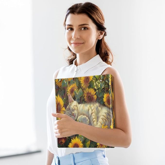 Custom 3 Ring Binder Cat in Sunflowers Field 1.5" Round Ring Binders Personalized Name View Binder with 200 Sheet for Women Men Office Kids School Supplies, 1 Pack
