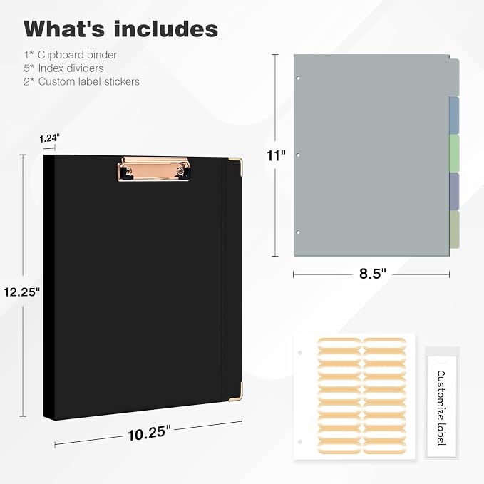 Ospelelf 3 Ring Binder, 1/2 Inch, Cute Letter Size (11" x 8.5") with 5 Tab Dividers, File Folder Labels and Low Profile Clipboards, Black for School and Office