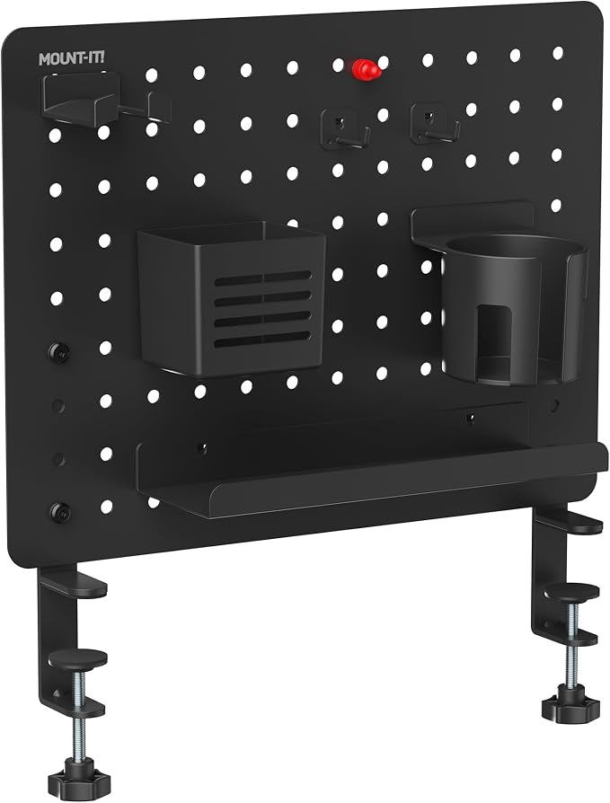 Mount-It! Clamp-On Magnetic Pegboard Organizer, 16.5x15.9 | No-drill desktop storage with 7 accessories, vertical or horizontal mount for home office, gaming & crafting, black.