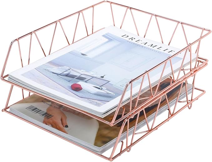 Set of 2 Office Supplies Metal Stackable File Document Letter Tray Organizer for Desk, Rose Gold