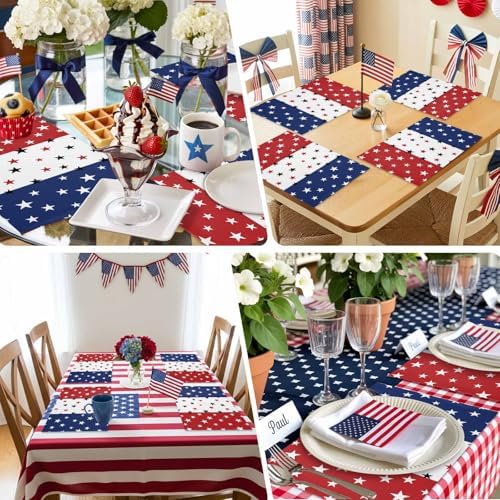 July 4th Placemats Set of 4- Red White Blue Heat Resistant Placemat Washable Cotton Linen Summer Table Mats Independence Day Party Holiday Decorations for Home Kitchen Dining Table Outdoor Indoor