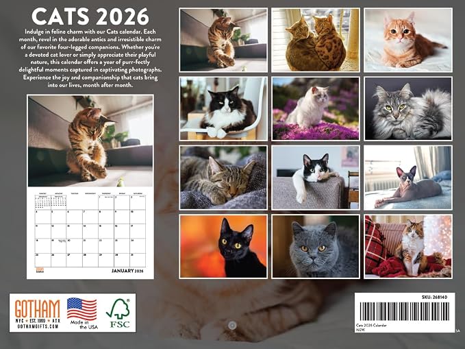 Cat Calendar 2026 Monthly Wall Calender 12 Month Cats Gifts For Cat Lovers | American Made In The USA
