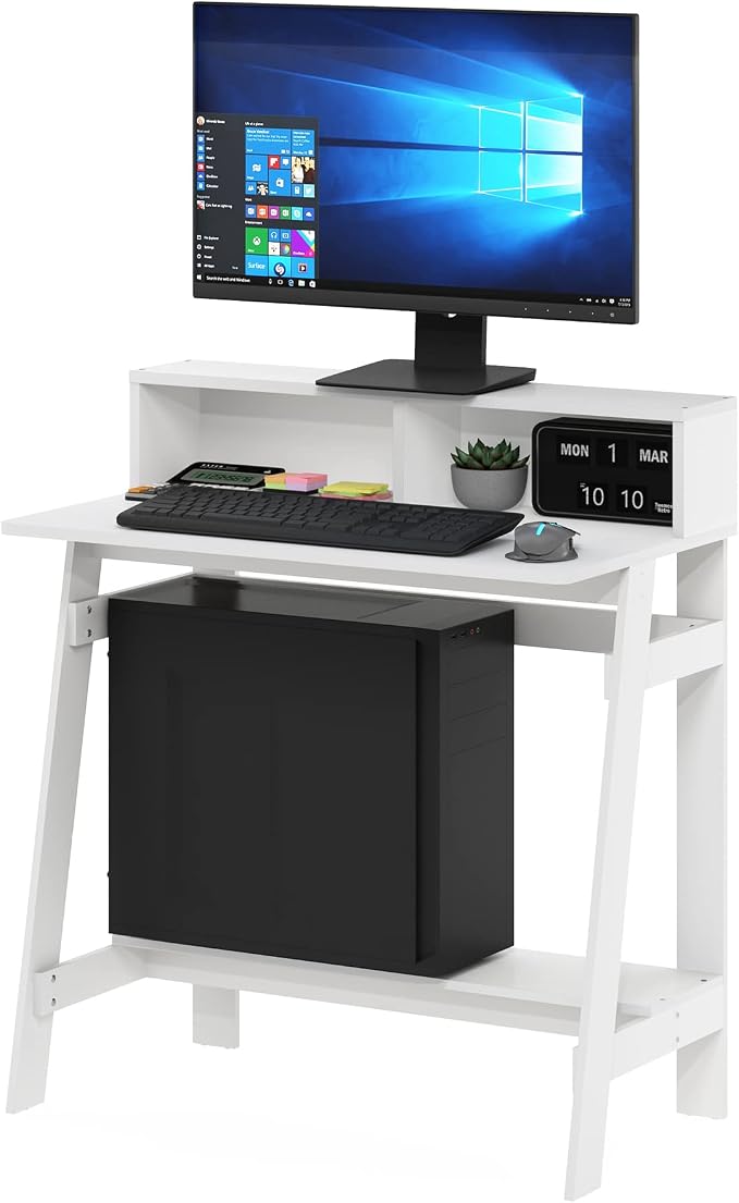 Furinno Simplistic A Frame Computer Desk, Regular, White | with Monitor Stand, A Frame Computer Desk, Office Desk, for Home Office, Bedroom, Study Room, Dorm