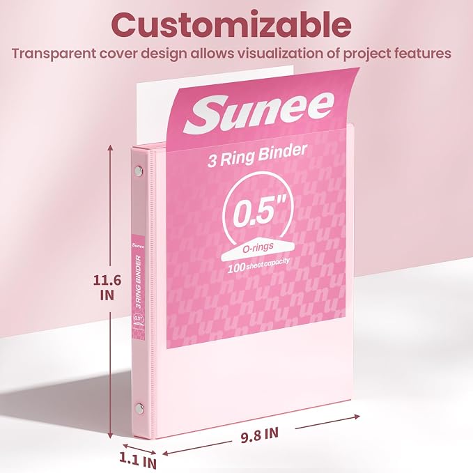 SUNEE 1/2 Inch Binders 3 Ring 4 Pack, Half Inch Thin Binder Clear View Three Ring PVC-Free (Fit 8.5x11 Inches) for School or Office Supplies, Assorted Pastel