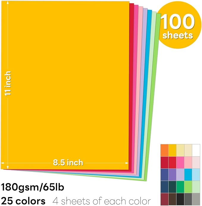 100 Sheets Colored Construction Paper 8.5 x 11 Colored paper | Goefun 25 Colors Variety Multicolored Cardstock, 65lb Colored Cardstock 8.5x11 for Crafts & Printing