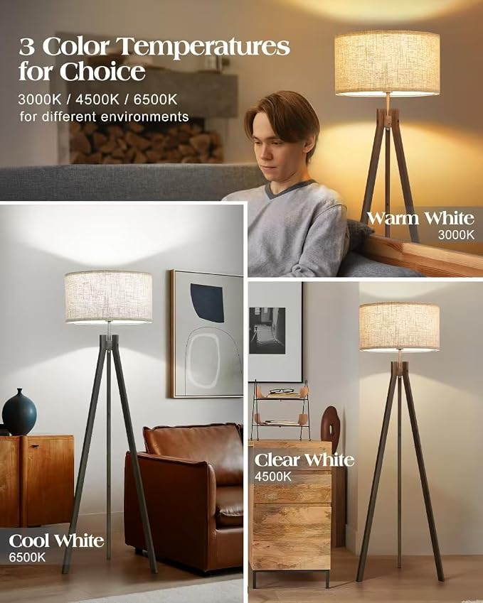 ELYONA Farmhouse Wood Tripod Floor Lamp, Modern Reading Standing Lamp with 3 Color Temperatures LED Blub & Nature Linen Shade, Night Light for Living Room, Bedroom, Study Room, Office, Grey