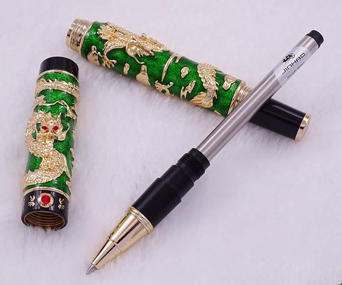 Jinhao Double Dragon Rollerball Pen Green Cloisonne Enamel Handcraft for Signature and Collection