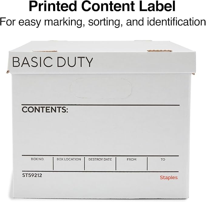 STAPLES Storage & Filing Box, Basic-Duty with Handles & Removeable Lid, Letter & Legal Size Documents, Stackable, 20-Pack, White/Black