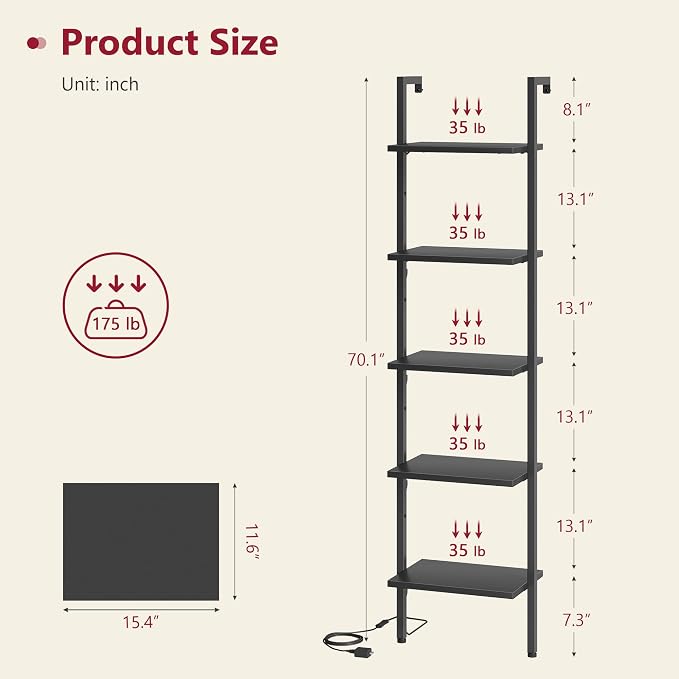 5 Tier Ladder Bookshelf with Light, Wall Mounted Ladder Shelf Black