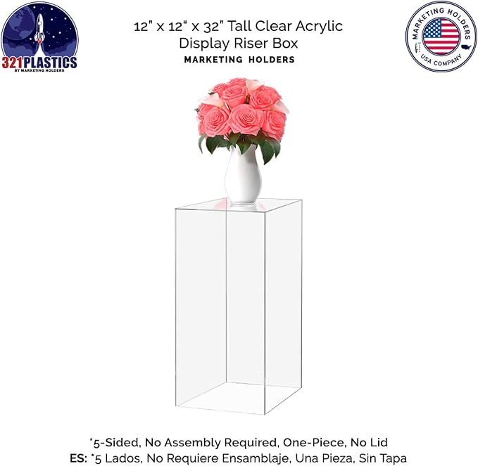 Marketing Holders 4 Pack Tall Acrylic Pedestal Stand Clear Hollow No Lid Flower Tower 12" x 12" x 32" Display Weddings Funerals Boutiques Parties Decor Collectible Cube Riser Clear