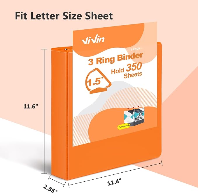 ViVin Sturdy 1.5 Inch 3 Ring Binder with 2 Pockets, 6 Pack, Orange | Slant-D Ring Binder, PVC-Free, Customizable Clear View Binder,Holds 350 Sheets of 8.5" x 11" Paper for Office, Home, School
