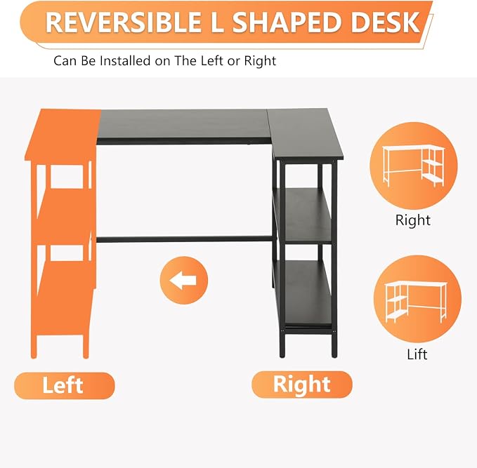 FDW L-Shaped Gaming Desk 43 Inch Computer Desk Corner Desks with Reversible Side Storage Shelves Study Desk Metal Frame PC Work Table for Home Office Dorm Sturdy Writing Workstation,Dark Black