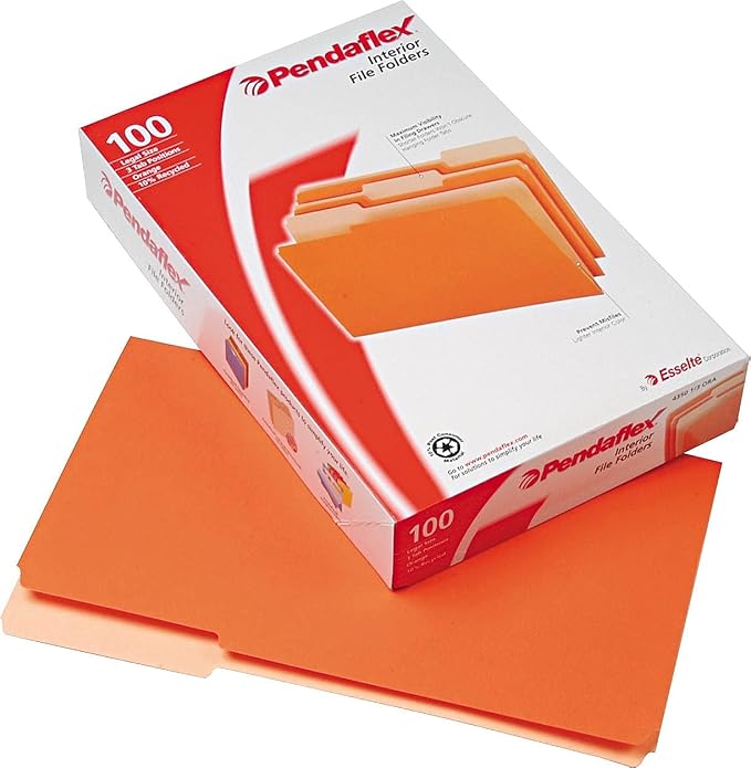 Pendaflex 435013ORA Interior File Folders, 1/3 Cut Top Tab, Legal, Orange (Box of 100)