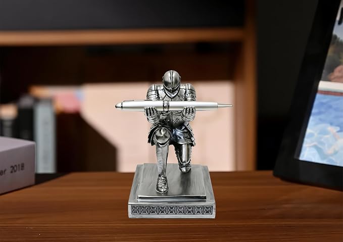 Soldier Executive Knight Pen Holder Personalized Desk Organizers Silver | Desk Accessory Pen Stand for A Gift - Decorative Resin Pencil Holders Desk Organizer For Men