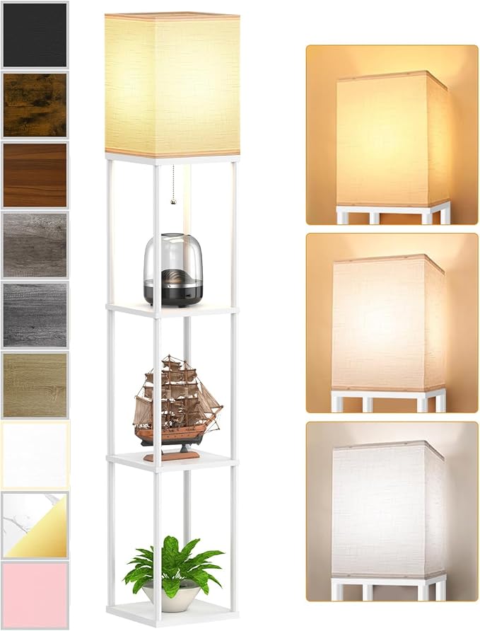 Floor Lamp with Shelves for Living Room White, Shelf Floor Lamp with 3 CCT LED Bulb, Corner Display Standing Column Lamp Etagere Organizer Tower Nightstand with White Linen Shade for Bedroom, Office