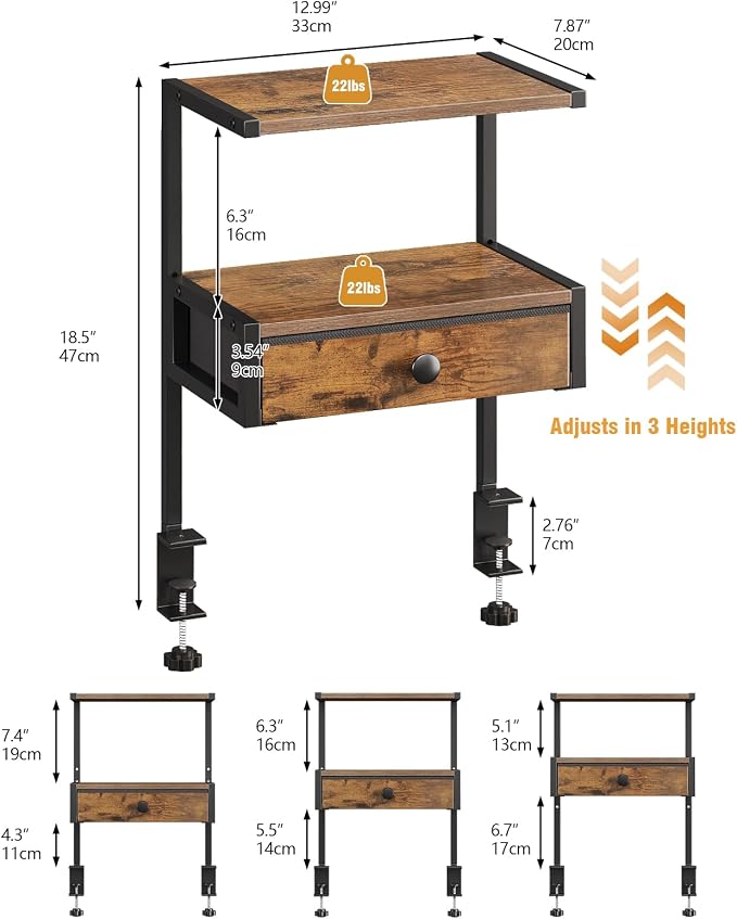 VENNQD Clamp On Desk Shelf, 2-Tier Desktop Organizer, Wood Desktop Supplies Tabletop Book Storage Rack with Adjustable Shelves for Table Working and Gaming Accessories, Rustic Brown