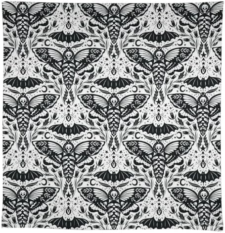 Boho Moth Tablecloth, Gothic Mysterious Halloween Black White Death Butterfly Bat Witch Print Table Cloth for Kitchen Dining Picnic Party Restaurant Decoration 60x120in