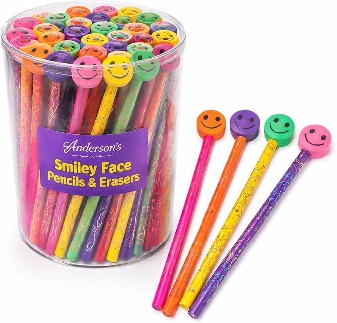 Anderson's Smiley Face Pencils and Erasers Tub, Set of 36, School Supplies, Classroom Supplies, Writing