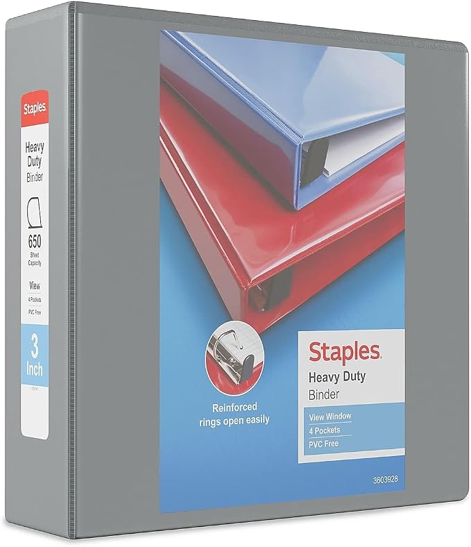 Staples Heavy-Duty 3-Inch D-Ring View Binder, Reinforced Spine, Holds Up to 600 Sheets, Gray, for Office & School