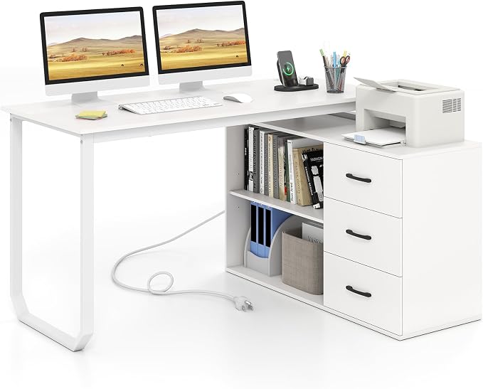 GIANTEX 55 Inch L-Shaped Desk with Charging Station, Reversible Computer Desk with 3 Drawers, Adjustable Shelf, Large Computer Workstation, Corner Desk for Small Spaces, Home Office (White)