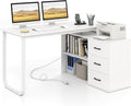 GIANTEX 55 Inch L-Shaped Desk with Charging Station, Reversible Computer Desk with 3 Drawers, Adjustable Shelf, Large Computer Workstation, Corner Desk for Small Spaces, Home Office (White)