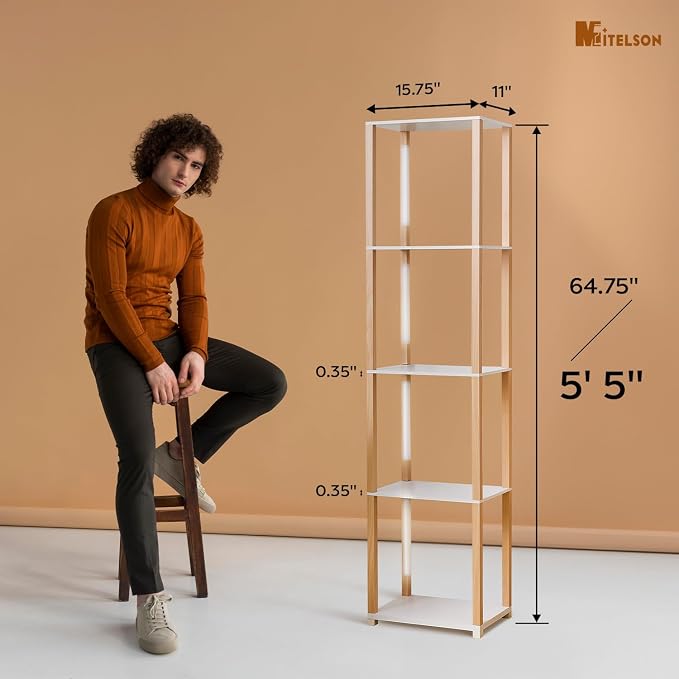 Floor Lamp with Shelves, Modern Shelf Lamp with Remote/APP Control, Standing Lamp for Living Room and Bedroom, 5-Tier Display Shelf with Dimmable Lights, Tall Lamp, White/Natural Wood