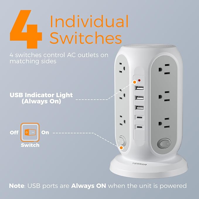 TESSAN Tower Power Strip Surge Protector, Flat Extension Cord 6 Ft, Grey | Individual Switches with 12 Outlets, 5 USB Ports(2 USB C), Flat Plug, Charging Station for Multiple Devices, Office, Dorm