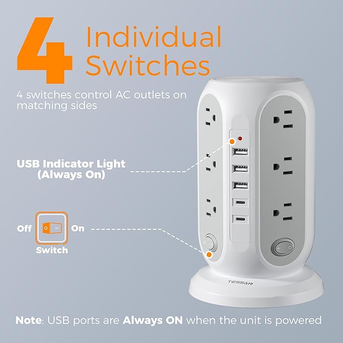 TESSAN Tower Power Strip Surge Protector, Flat Extension Cord 10 Ft, Grey | Individual Switches with 12 Outlets, 5 USB Ports(2 USB C), Flat Plug, Charging Station for Multiple Devices, Office, Dorm