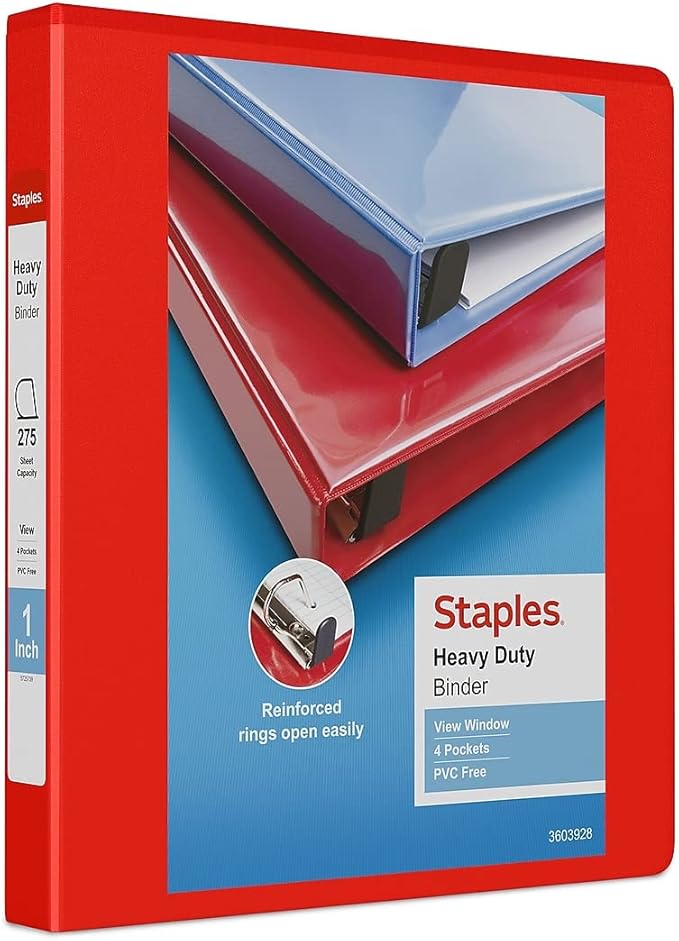 Staples Heavy-Duty 1-Inch D-Ring View Binder, Reinforced Spine, Holds Up to 275 Sheets, Red, for Office & School