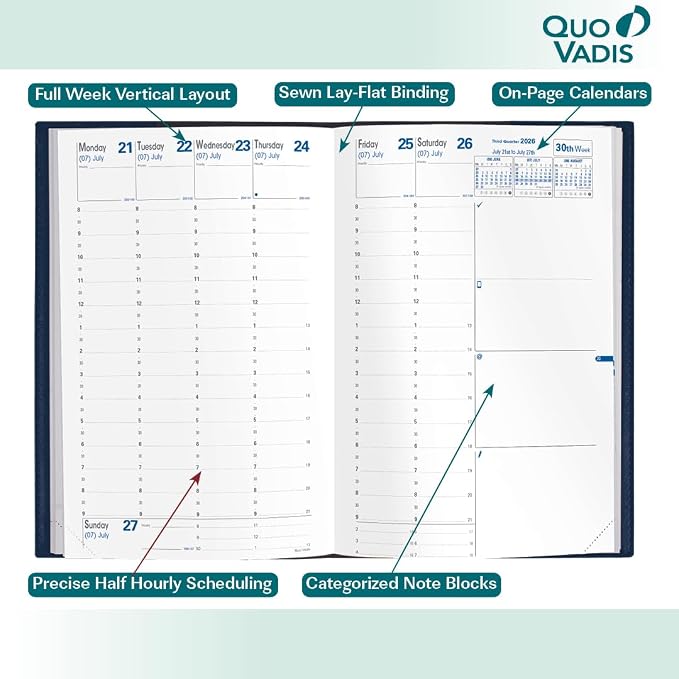 Quo Vadis 2026 Minister - Weekly/Monthly Planner - 12 Months, Jan. to Dec. - 6 1/4 x 9 3/8" - Grained Faux Leather Club Blue Cover- Time Management Appointment Organizer