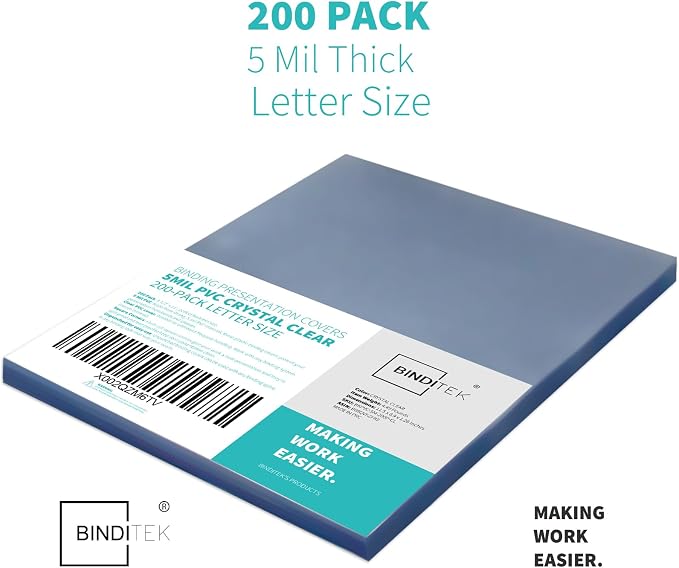 Binditek 5 Mil PVC Binding Covers, 8.5 x 11 Inches, Clear, 200 Pack | Plastic Binding Covers, 8.5" x 11" Letter Size, Clear, Square Corners, Unpunched, Ideal for Business Reports and Proposals