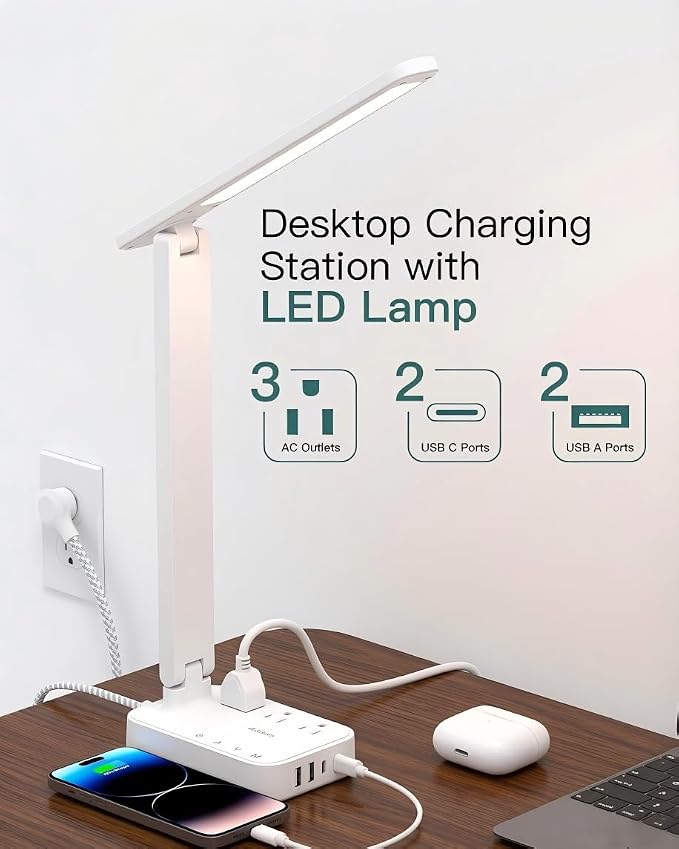 Addtam LED Desk Lamp, Power Strip with 3 Outlets 4 USB Charging Ports(2 USBC), 4 Modes 5 Level Brightness Touch Lamp, Small Desk Lamp for Home Office College Dorm Room Essentials, White