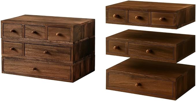 Stackable 3-Piece Set - Wood Desk Organizer with Drawers – Desktop Organization for Office, Crafts, Makeup, Sewing, Emboridery DMC Floss & Small Accessories – Rustic Storage Box with 6 Slots