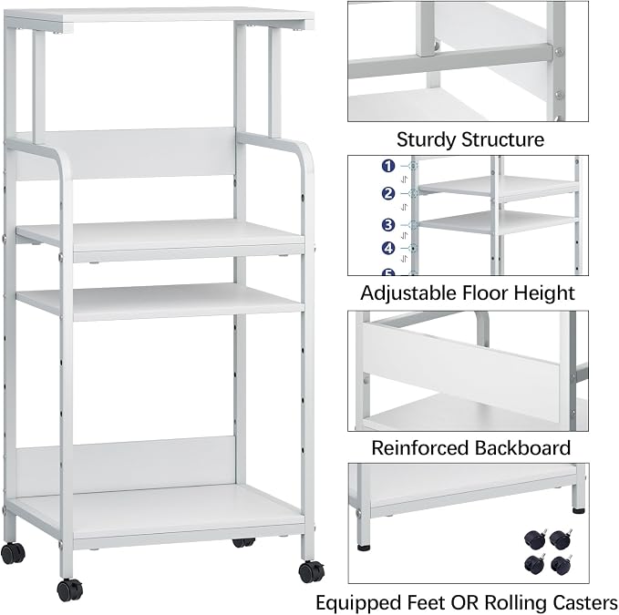 Arbuxzuy 4-Tier Printer Stand with Storage Shelf, Mobile Printer Table for Home Office, Adjustable Stand for Printer, Scanner, Fax (White)