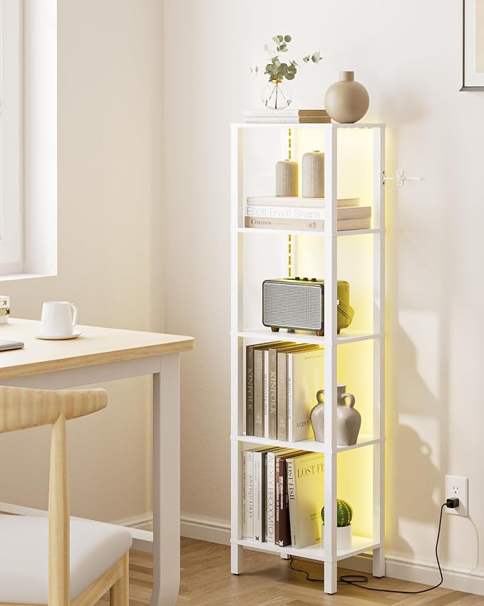 Open Book Shelf with LED Lights, 5 Tier Tall Bookshelf, Freestanding Shelf Narrow Bookcase with Open Shelves, 14.96" x 10.63" x 53.54", Book Shelves for Living Room, Office, Study, White