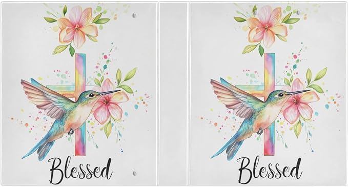 Blessed Quote Hummingbird Floral Cross Binder 3 Ring 1.5 Inch Binder with Clipboard&Pockets, Hardcover Binders Heavy Duty Large File Folder for Office School Supplies - Holds 200 Sheets-2 PC