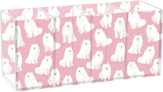 Cute Samoyed Dog 4 Compartment Acrylic Pencil Holder, Printed Pencil Holder Makeup Brush Holder Acrylic Desktop Accessories for Pencil Cutlery Toiletries Storage