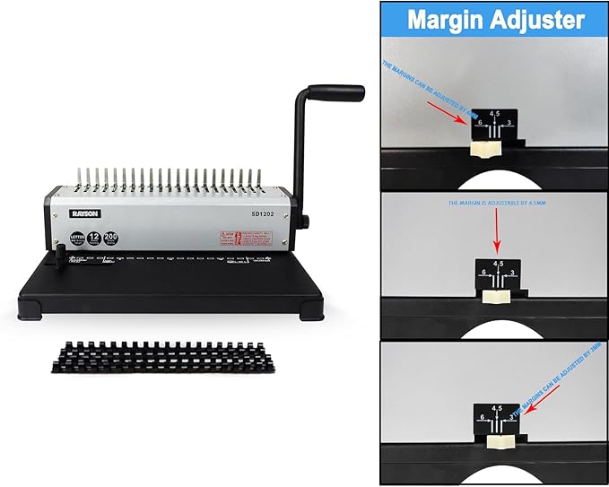 RAYSON SD1202 19-Hole Comb Binder, 10-Sheet Punch, 200-Sheet Capacity | Includes a starter comb set, three punching margins (3, 4.5, and 6 mm), a side guide, and durable metal construction.