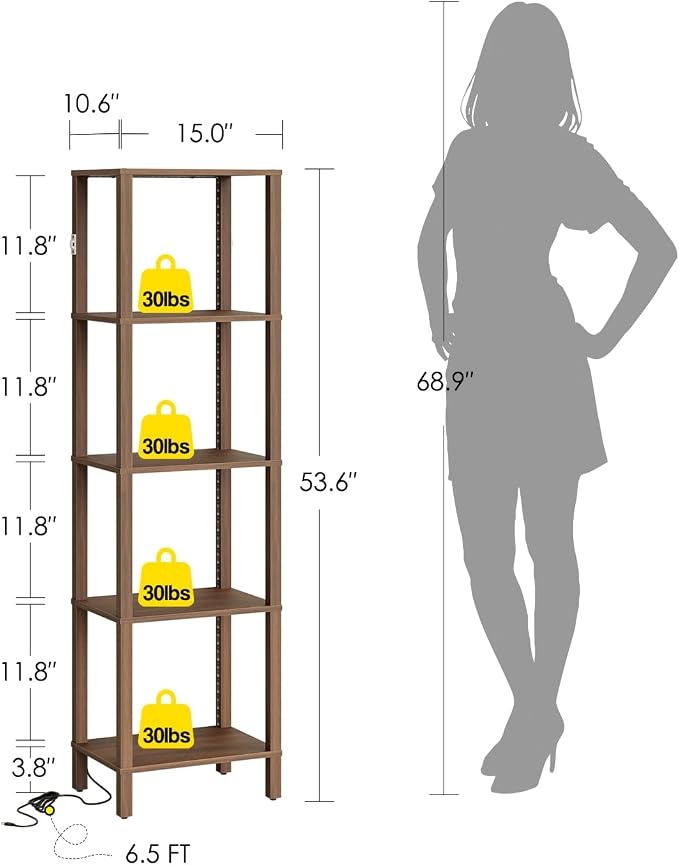 Open Book Shelf with LED Lights, 5 Tier Tall Bookshelf, Freestanding Shelf Narrow Bookcase with Open Shelves, 14.96" x 10.63" x 53.54", Book Shelves for Living Room, Office, Study, Walnut